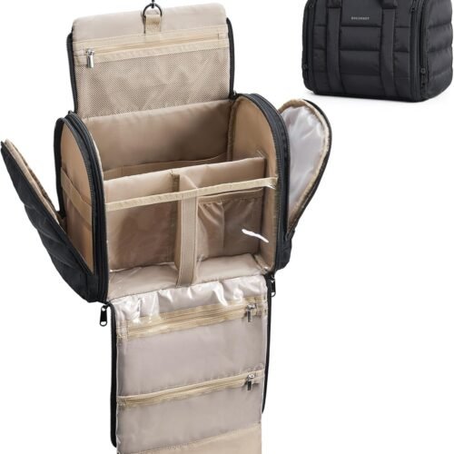 71RN-ZxY8DL._AC_SL1500_.jpg BAGSMART Travel Toiletry Bag with Removable Partition, Puffy Water-resistant Fabric Hanging Organizer for Full-Size Toiletries, Accessories, Black