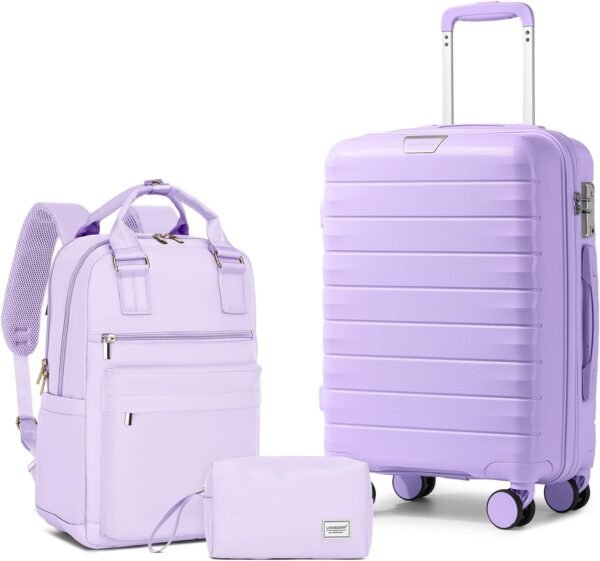 LARVENDER Luggage Sets 3 Piece, Hardside PP Carry On Suitcase with 360° Spinner Wheels TSA Lock Luggage Sets for Women, Lavender