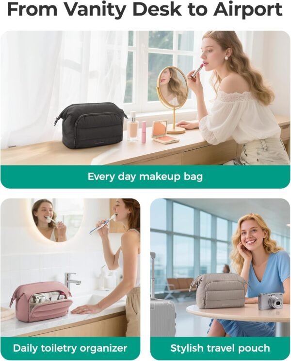 71U9byw6mJL._AC_SL1500_.jpg BAGSMART Makeup Bag Travel Toiletry Bag, Puffy Padded Make Up Bags for Women, Makeup Organizer Wide-open Pouch Purse, Travel Essentials for Toiletries Accessories Brushes, Camel(Brown)