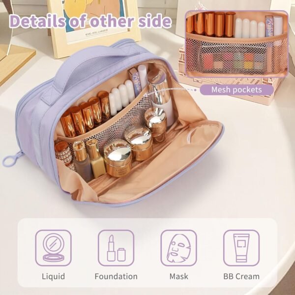 71UX0Ws9YCL._AC_SL1500_.jpg OCHEAL Travel Makeup Bag - Wide Open Flat Cosmetic Bag Organizer with Handle Portable Lightweight Toiletry Bag for Women's Girls Essentials Skincare Accessories-Purple
