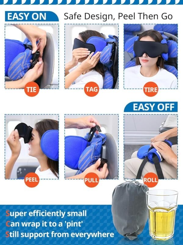 Travel Pillows for Airplanes, 360° Support Headrest Pillow with Eye Mask for Sleeping Long Flights, Travel Pillow for Car Road Trip, Car Headrest, Travel Accessories Stop Bobblehead, Black