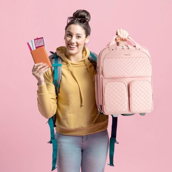71Wn2eNpIBL._AC_SL1500_.jpg Underseat Carry On Luggage with Wheels, Airline Approved Personal Item Bag, Multiple Compartment Travel Carry-On with Leather Handle, Soft Side Lightweight Rolling Suitcase for Women, Pink, L