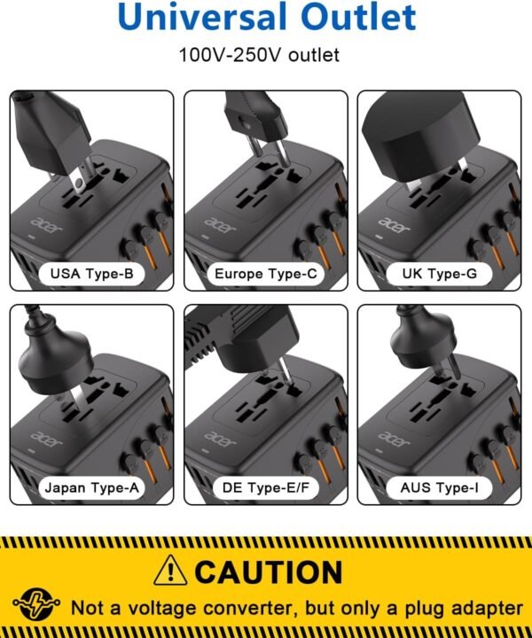 71YMeTjq6L._AC_SL1500_.jpg Acer Universal Travel Plug Adapter - International Power Adapter with 5 USB Ports (3 USB C) 5.8A, Worldwide Outlet Charger for USA to European UK France Germany Spain, Type C/E/F/G/I/L/A, Black