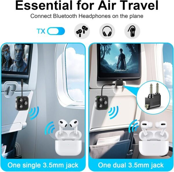 71YyiTTtLLL._AC_SL1500_.jpg 2025 Pro Bluetooth 5.4 Transmitter Receiver, 2-in-1 Wireless Audio Adapter for Airplane/TV/PC/Gym - Dual Link Headphone, Low Latency, Battery Display, Built-in Mic, 30H Playtime, Aviation Metal Frame