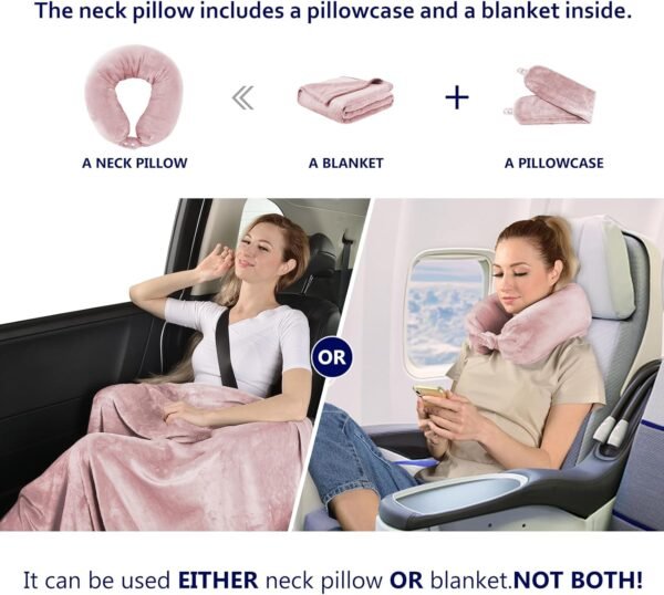 2 in 1 Travel Blanket, Soft Warm Blanket with Cozy Neck Pillow Case, Portable Blanket Set for Airplane, Camping, Car (Dusty Pink)