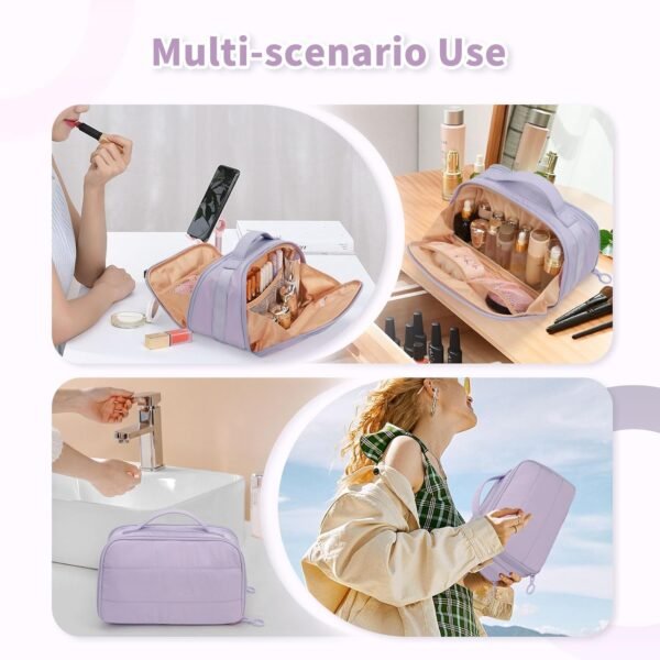71bUh7tuypL._AC_SL1500_.jpg OCHEAL Travel Makeup Bag - Wide Open Flat Cosmetic Bag Organizer with Handle Portable Lightweight Toiletry Bag for Women's Girls Essentials Skincare Accessories-Purple