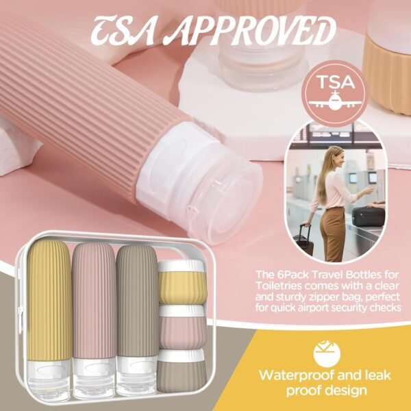 Travel Bottles for Toiletries 6 Pack, TSA Approved Travel Size Toiletries Containers Set, 3 Silicone Leak Proof Refillable Bottles and 3 Creams Jars Accessories Kit W/Clear Bag（Apricot）
