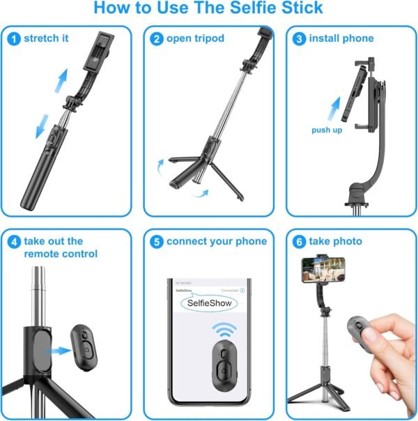 71fvOx6MNpL._AC_SL1500_.jpg SelfieShow Selfie Stick, Extendable Selfie Stick Tripod with Wireless Remote and Tripod Stand, Portable, Lightweight, Compatible with iPhone 15 14 13 12 Pro Xs Max X 8Plus, Samsung Smartphone and More