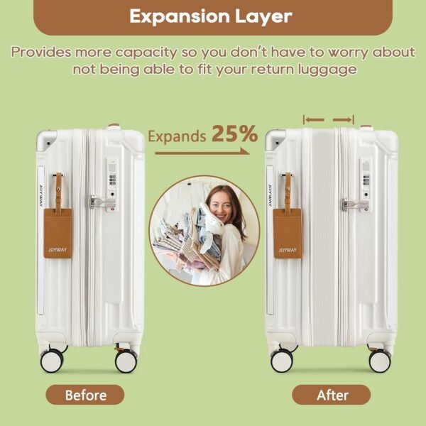 Joyway 20in Carry On Luggage with Cup Holder and USB Port, 25% Expandable Capacity, Smart Suitcase with Anti Slip Wheels and Handbag, Perfect for Men and Women 3 Piece Set White