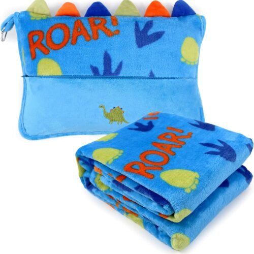 71iypqoY5mL._AC_SL1500_.jpg 3 in 1 Travel Pillow and Blanket Set for Kids,Soft Travel Blanket Airplane Campact with Bag,Pillow Blanket for Boys with a Pocket,Backpack Clip, Luggage Sleeve (Dinosaur)