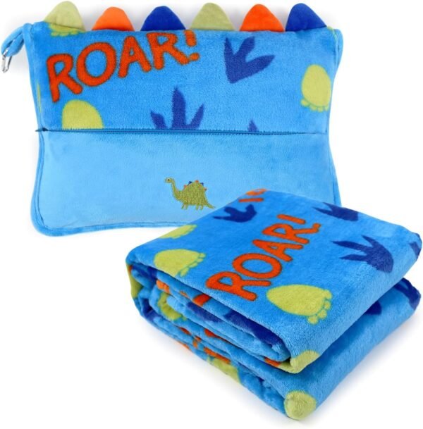 71iypqoY5mL._AC_SL1500_.jpg 3 in 1 Travel Pillow and Blanket Set for Kids,Soft Travel Blanket Airplane Campact with Bag,Pillow Blanket for Boys with a Pocket,Backpack Clip, Luggage Sleeve (Dinosaur)
