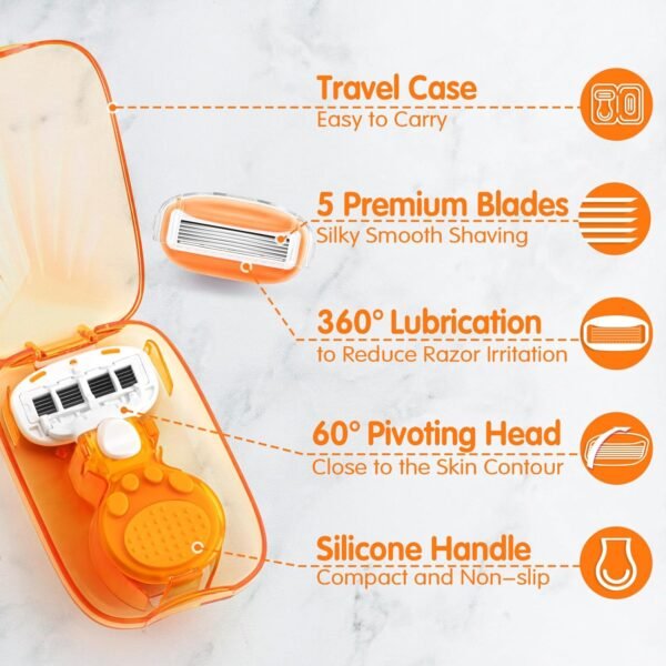 71k4ZWsjPcL._SL1500_.jpg DreamGenius Travel Razors for Women Include 1 Handle and 5 Cartridges, Extra Smooth 5-Blade Travel Essentials Razor with Case for Shaving, Orange