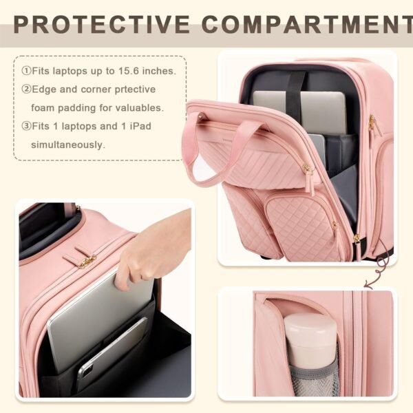 71l-fTSjL._AC_SL1500_.jpg Underseat Carry On Luggage with Wheels, Airline Approved Personal Item Bag, Multiple Compartment Travel Carry-On with Leather Handle, Soft Side Lightweight Rolling Suitcase for Women, Pink, L