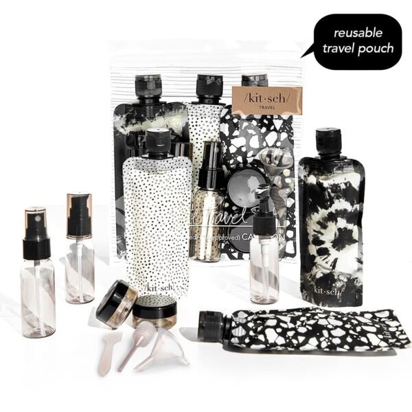71lUICOx8pL._SL1280_.jpg Kitsch 11 PCS Travel Bottles for Toiletries – Travel Essentials Kit for Shampoo, Conditioner, Lotion & More - TSA Approved Travel Bottles, Leak-Proof Refillable Travel Size Containers - Black & Ivory