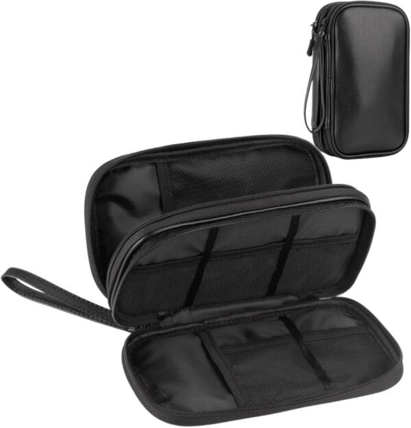 Leather Travel Electronic Organizer - Double Layer, Waterproof Case for Cables, Chargers, Phones & More - Portable, Shockproof Pouch for All Your Electronics Accessories (Black, M)