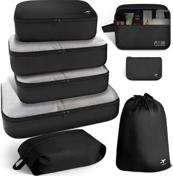 71mxk3eicrL._AC_SL1480_.jpg HOTOR Packing Cubes for Suitcases - 8 Pieces, Light Packing Cubes for Travel, Premium Suitcase Organizer Bags Set, Space-Saving Luggage Organizers, Travel Accessories and Essentials, Black