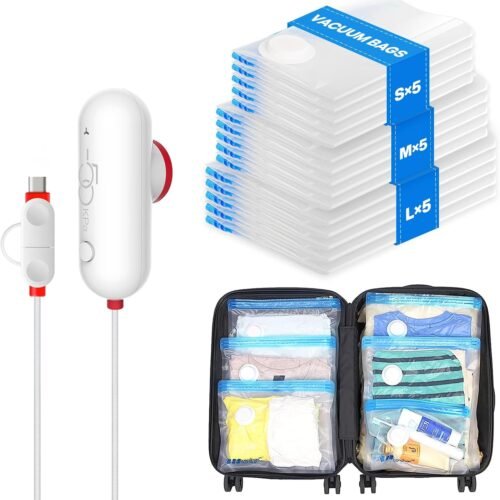 71n86xxiIL._AC_SL1500_.jpg VMstr 15 Pack Travel Vacuum Storage Bags with USB Pump, Vacuum Packing Seal for Luggage and Suitcase, Space Saver for Clothes and Clothing Travel