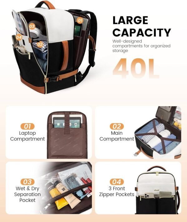71r6dlKfFoL._AC_SL1500_.jpg LOVEVOOK Travel Backpack for Women, TSA Carry On Backpack Flight Approved Luggage, 40L Water Resistant Personal Item Daypack Large Weekender Bag fit 17 inch Laptop with 3 Cubes, Beige-black-brown