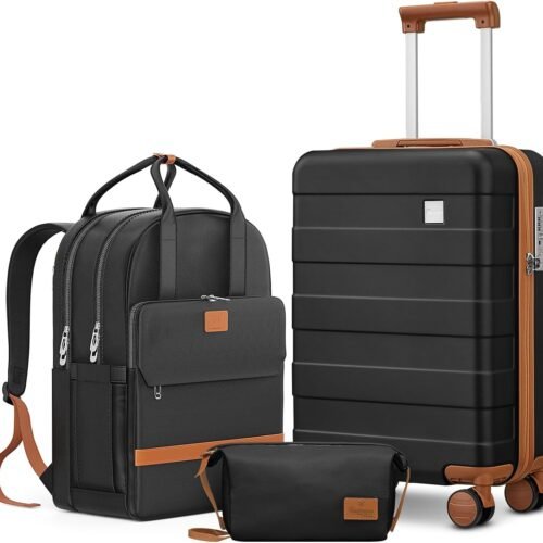 71renzeuPrL._AC_SL1500_.jpg imiomo Hard Shell 20 Inch Carry on Luggage 3 Piece Set with Travel Backpack, Lightweight Hardside Carry-On Suitcase with Spinner Wheels and TSA Lock, Black