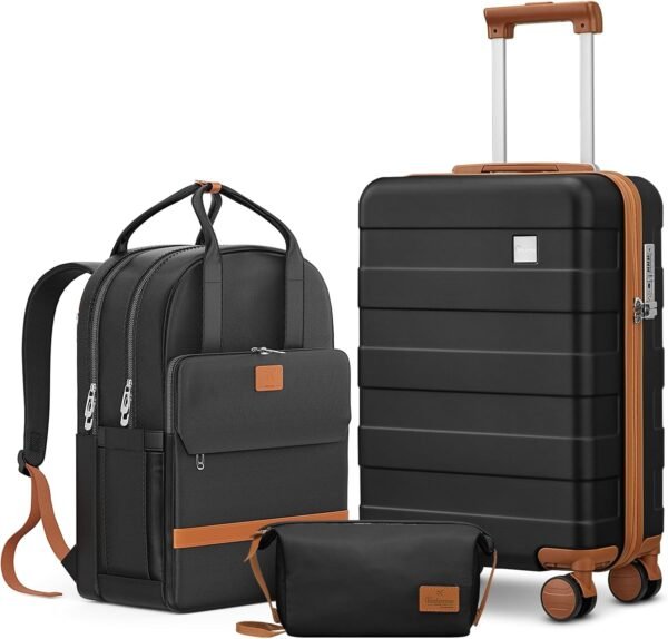 imiomo Hard Shell 20 Inch Carry on Luggage 3 Piece Set with Travel Backpack, Lightweight Hardside Carry-On Suitcase with Spinner Wheels and TSA Lock, Black
