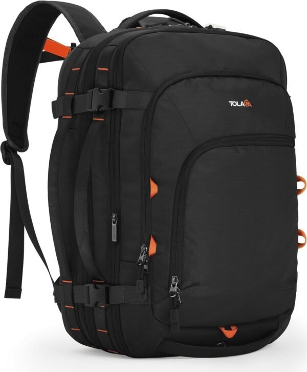 Tolaccea Travel Backpack, TSA Friendly Flight Approved Carry-on Luggage Water-resistant Business Rucksack, Durable Large Computer Bag Daypack Fits 15.6 Inch Laptop, 35-45L Expandable - Black