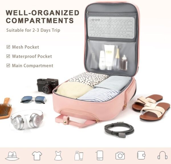 71vzM9iQRL._AC_SL1500_.jpg Underseat Carry On Luggage with Wheels, Airline Approved Personal Item Bag, Multiple Compartment Travel Carry-On with Leather Handle, Soft Side Lightweight Rolling Suitcase for Women, Pink, L
