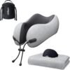 Neck Pillow and Blanket Set for Travel Memory Foam Design Models Pillows with Eye Mask and 50% More Storage Bag Traveling Essentials Plane Car Flight Rest Sleeping Use Adult, Light Gray