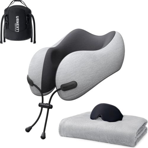 71xJNeiDIL._AC_SL1500_.jpg Neck Pillow and Blanket Set for Travel Memory Foam Design Models Pillows with Eye Mask and 50% More Storage Bag Traveling Essentials Plane Car Flight Rest Sleeping Use Adult, Light Gray