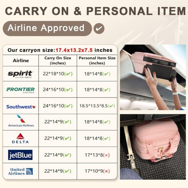 71xniDaCWEL._AC_SL1500_.jpg Underseat Carry On Luggage with Wheels, Airline Approved Personal Item Bag, Multiple Compartment Travel Carry-On with Leather Handle, Soft Side Lightweight Rolling Suitcase for Women, Pink, L