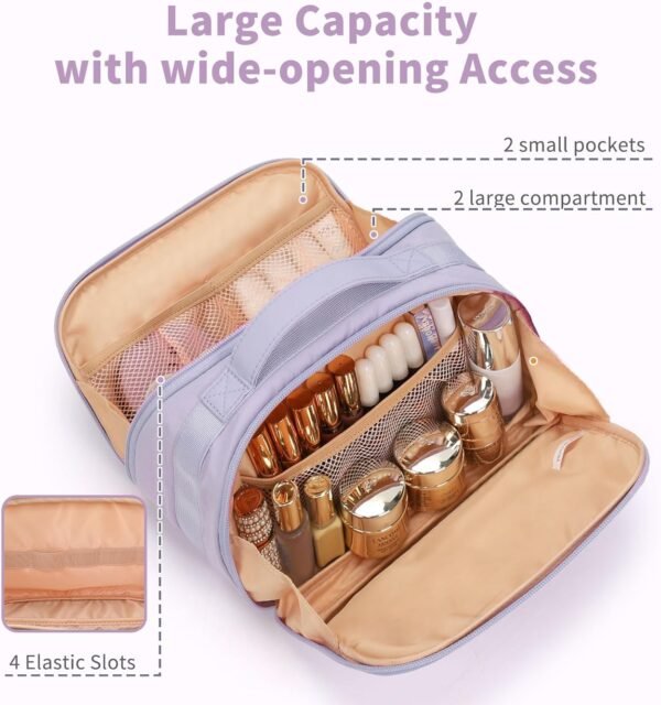 71yMjLho88L._AC_SL1500_.jpg OCHEAL Travel Makeup Bag - Wide Open Flat Cosmetic Bag Organizer with Handle Portable Lightweight Toiletry Bag for Women's Girls Essentials Skincare Accessories-Purple