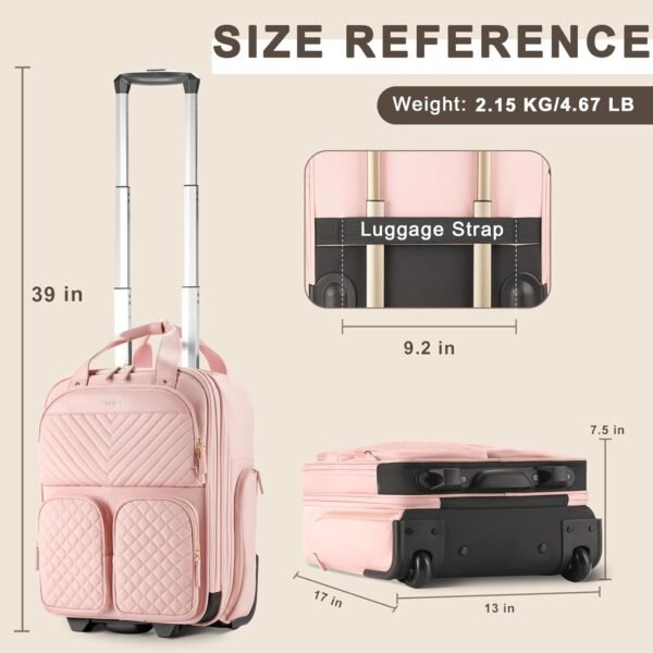 71zcIRj-iSL._AC_SL1500_.jpg Underseat Carry On Luggage with Wheels, Airline Approved Personal Item Bag, Multiple Compartment Travel Carry-On with Leather Handle, Soft Side Lightweight Rolling Suitcase for Women, Pink, L