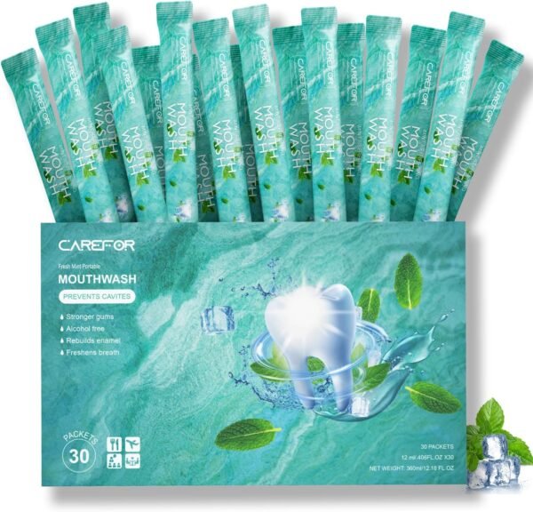 812HVcGYV4L._AC_SL1500_.jpg Mouthwash Travel Size Portable Packets to Go, Alcohol & Fluoride Free Fresh Mint MouthwashStrips for Superior Oral Hygiene,30 Individual Disposable Mouthwash Packs(Pack of 30)