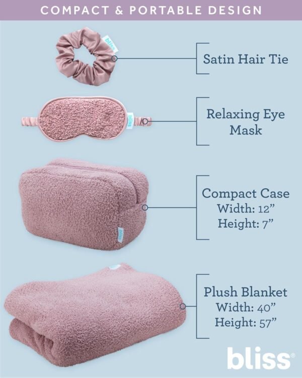 81ClP8lhVcL._AC_SL1500_.jpg Bliss Womens Travel Blanket Set - 4 Piece Plush Microfiber Packable Travel Blanket with Relaxing Sleep Mask, Carry On Case, and Satin Hair Tie, Pink Gaze