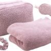 81DQuFYvt8L._AC_SL1500_.jpg Bliss Womens Travel Blanket Set - 4 Piece Plush Microfiber Packable Travel Blanket with Relaxing Sleep Mask, Carry On Case, and Satin Hair Tie, Pink Gaze