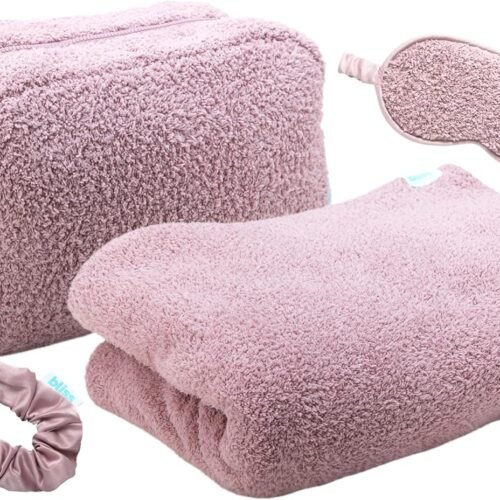 81DQuFYvt8L._AC_SL1500_.jpg Bliss Womens Travel Blanket Set - 4 Piece Plush Microfiber Packable Travel Blanket with Relaxing Sleep Mask, Carry On Case, and Satin Hair Tie, Pink Gaze