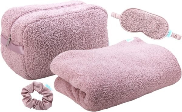 81DQuFYvt8L._AC_SL1500_.jpg Bliss Womens Travel Blanket Set - 4 Piece Plush Microfiber Packable Travel Blanket with Relaxing Sleep Mask, Carry On Case, and Satin Hair Tie, Pink Gaze