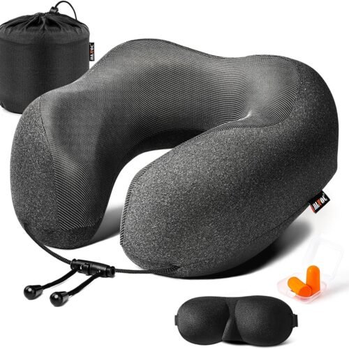 81FyyZTxL._AC_SL1500_.jpg MLVOC Travel Pillow 100% Pure Memory Foam Neck Pillow, Comfortable & Breathable Cover, Machine Washable, Airplane Travel Kit with 3D Contoured Eye Masks, Earplugs, and Luxury Bag, Standard (Black)