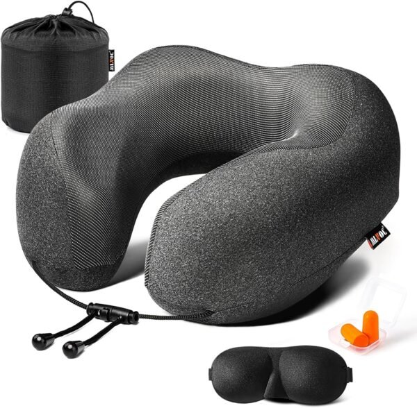 81FyyZTxL._AC_SL1500_.jpg MLVOC Travel Pillow 100% Pure Memory Foam Neck Pillow, Comfortable & Breathable Cover, Machine Washable, Airplane Travel Kit with 3D Contoured Eye Masks, Earplugs, and Luxury Bag, Standard (Black)