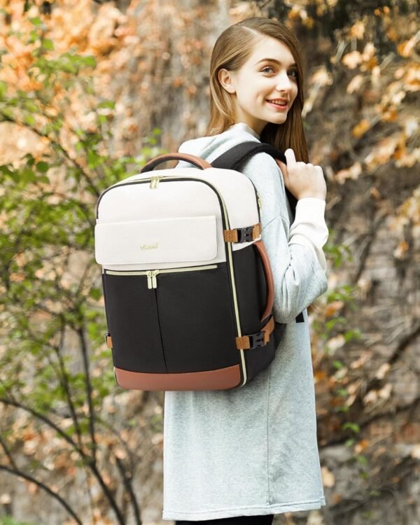 81HR6EZGfcL._AC_SL1500_.jpg LOVEVOOK Travel Backpack for Women, TSA Carry On Backpack Flight Approved Luggage, 40L Water Resistant Personal Item Daypack Large Weekender Bag fit 17 inch Laptop with 3 Cubes, Beige-black-brown