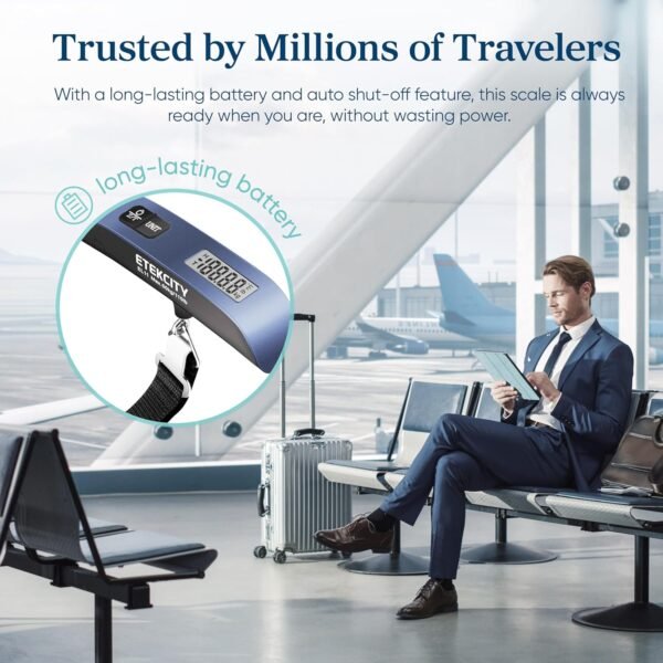 81JBWe62YVL._SL1500_.jpg Etekcity Luggage Scale, Travel Essentials, Digital Suitcase Weight Scales for Travel Accessories, Hanging Baggage Scale with Temperature Sensor, Rubber Paint, 110 Pounds, Battery Included, Blue