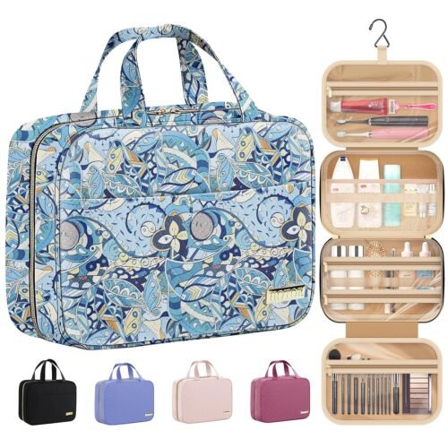 81JyndXrkiL._SL1500_.jpg HOTOR Travel Toiletry Bag w/Hanging Hook - Spacious Toiletry Bag Essentials for Women & Men, Makeup Bag/Big Comparment, Waterproof for Travel Accessories, Medium, Blue Flower