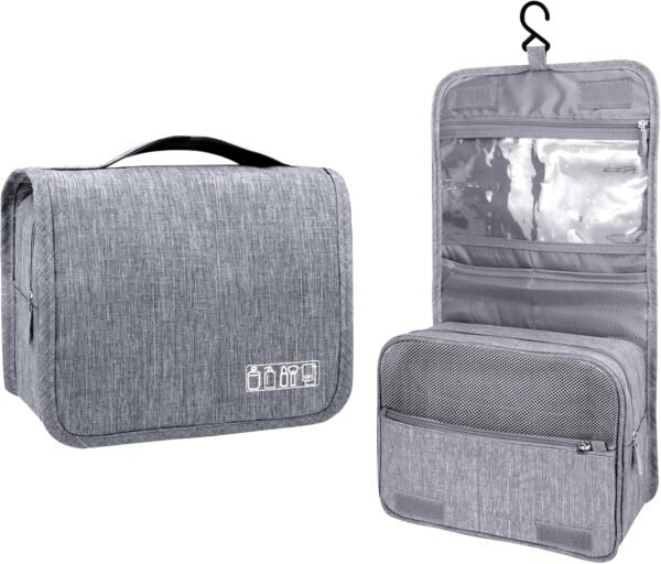 81MffEdTYzL._AC_SL1500_.jpg Large Capacity Toiletry Bag Travel Bag with Hanging Hook for Men and Women Waterproof Travel Cosmetic Bag Bathroom Storage Bag for Brushes Set,Full-Sized Shampoo,Toiletries,Accessories-Grey