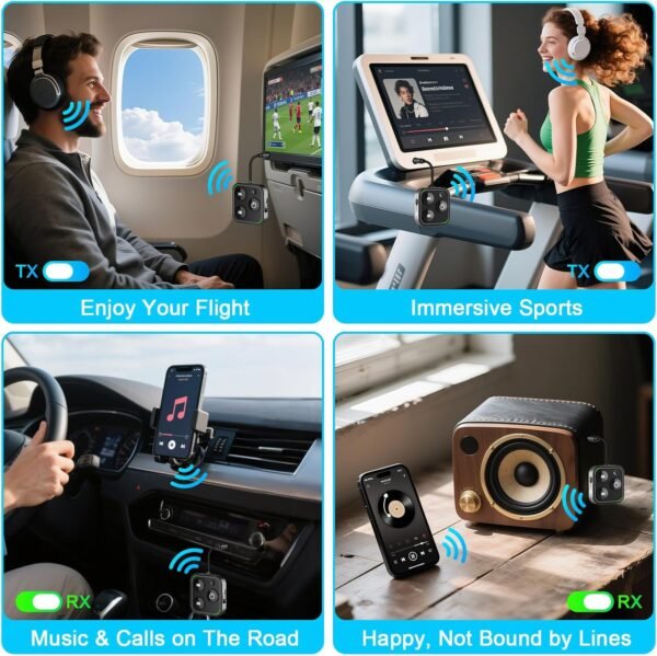 81NSWMCDVBL._AC_SL1500_.jpg 2025 Pro Bluetooth 5.4 Transmitter Receiver, 2-in-1 Wireless Audio Adapter for Airplane/TV/PC/Gym - Dual Link Headphone, Low Latency, Battery Display, Built-in Mic, 30H Playtime, Aviation Metal Frame