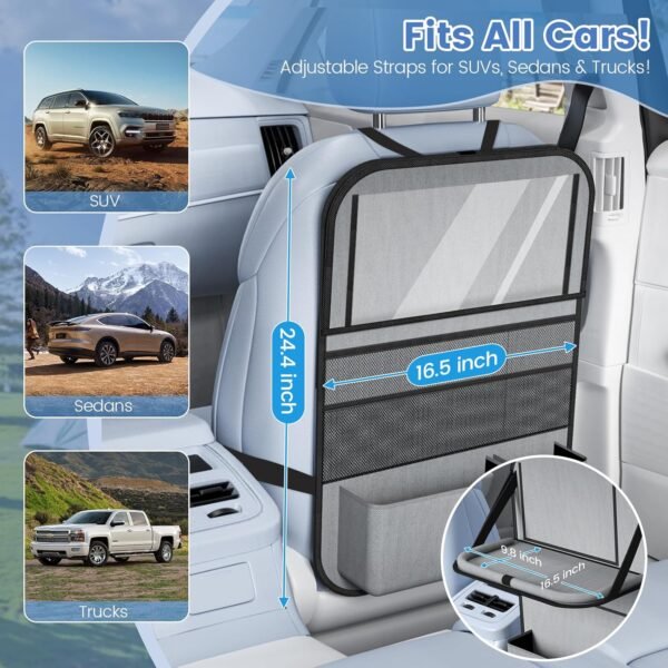 81Pe9mHJFkL._AC_SL1500_.jpg 2PACK-Car Backseat Organizer with Touch Screen Tablet Holder,9 Storage Pockets Storage Organizer with Foldable Food Tray, Protector Kick Mats for Kids, Travel Accessories Organizer (Grey)