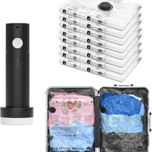 81Ta0VwcaSL._AC_SL1500_.jpg SUOCO Travel Vacuum Bags for Luggage with Portable Electric Pump, 8 Small Packing Seal Bags for Clothing Suitcase Backpack, Space Saver Compression Clothes Storage Bag