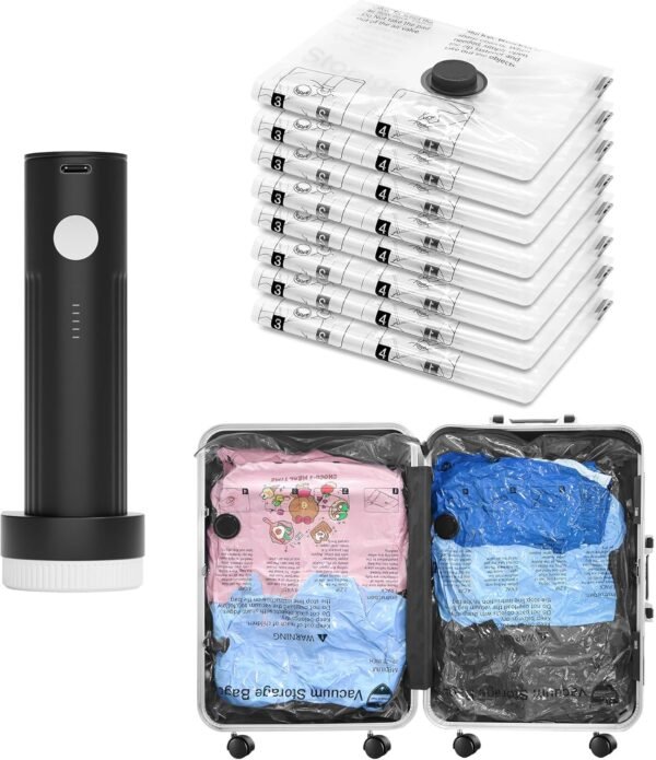 81Ta0VwcaSL._AC_SL1500_.jpg SUOCO Travel Vacuum Bags for Luggage with Portable Electric Pump, 8 Small Packing Seal Bags for Clothing Suitcase Backpack, Space Saver Compression Clothes Storage Bag