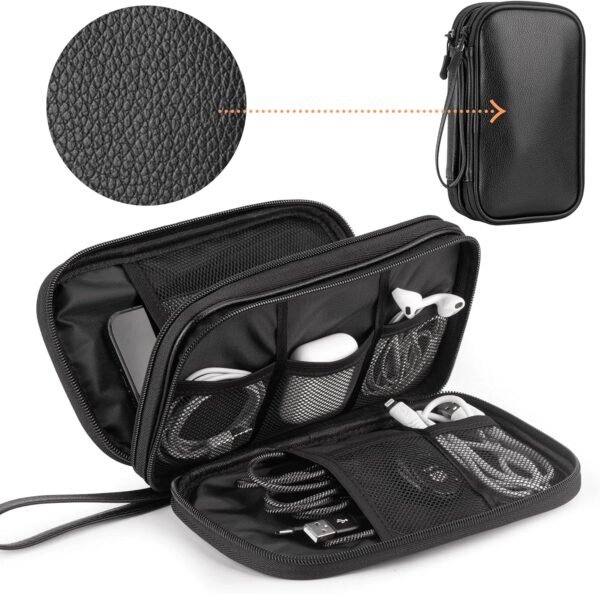 Leather Travel Electronic Organizer - Double Layer, Waterproof Case for Cables, Chargers, Phones & More - Portable, Shockproof Pouch for All Your Electronics Accessories (Black, M)