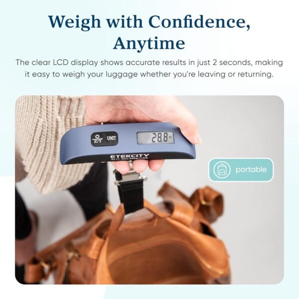 81auE3WsoJL._SL1500_.jpg Etekcity Luggage Scale, Travel Essentials, Digital Suitcase Weight Scales for Travel Accessories, Hanging Baggage Scale with Temperature Sensor, Rubber Paint, 110 Pounds, Battery Included, Blue