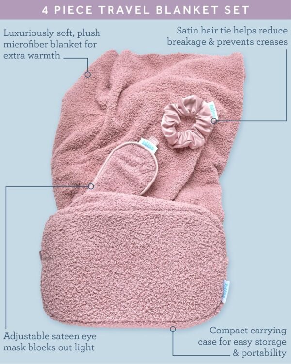 81c7b7PyFaL._AC_SL1500_.jpg Bliss Womens Travel Blanket Set - 4 Piece Plush Microfiber Packable Travel Blanket with Relaxing Sleep Mask, Carry On Case, and Satin Hair Tie, Pink Gaze