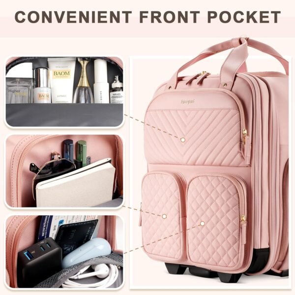 81hv8n8eZKL._AC_SL1500_.jpg Underseat Carry On Luggage with Wheels, Airline Approved Personal Item Bag, Multiple Compartment Travel Carry-On with Leather Handle, Soft Side Lightweight Rolling Suitcase for Women, Pink, L